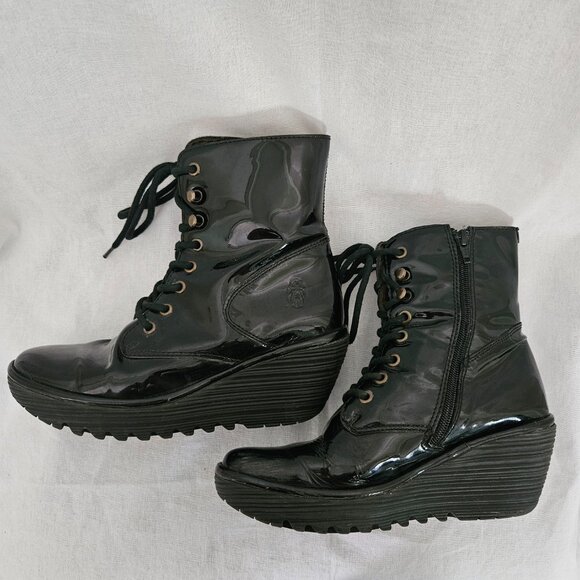 Fly London Patent Leather Lace-Up Wedge Ankle Boots - Black - 8.5 - Picture 8 of 14